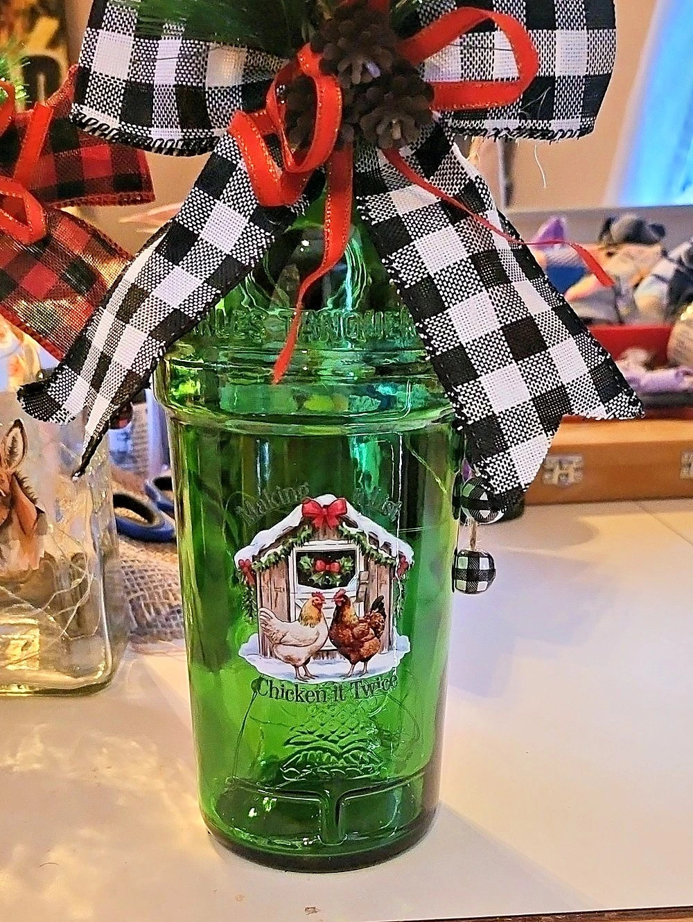 Light-Up Chicken Jar Holiday Decor in Green & Red